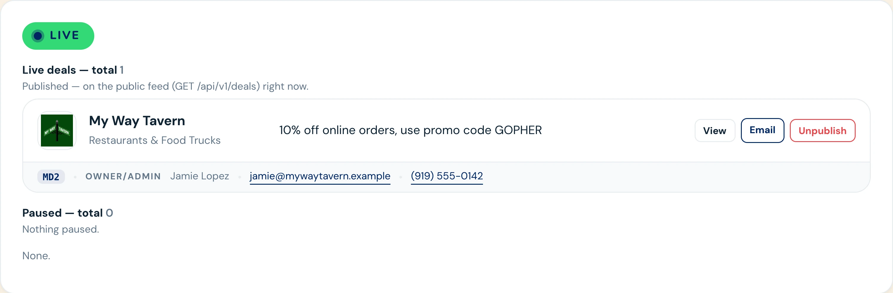 Gopher HQ live deals: My Way Tavern published, with View, Email and Unpublish
