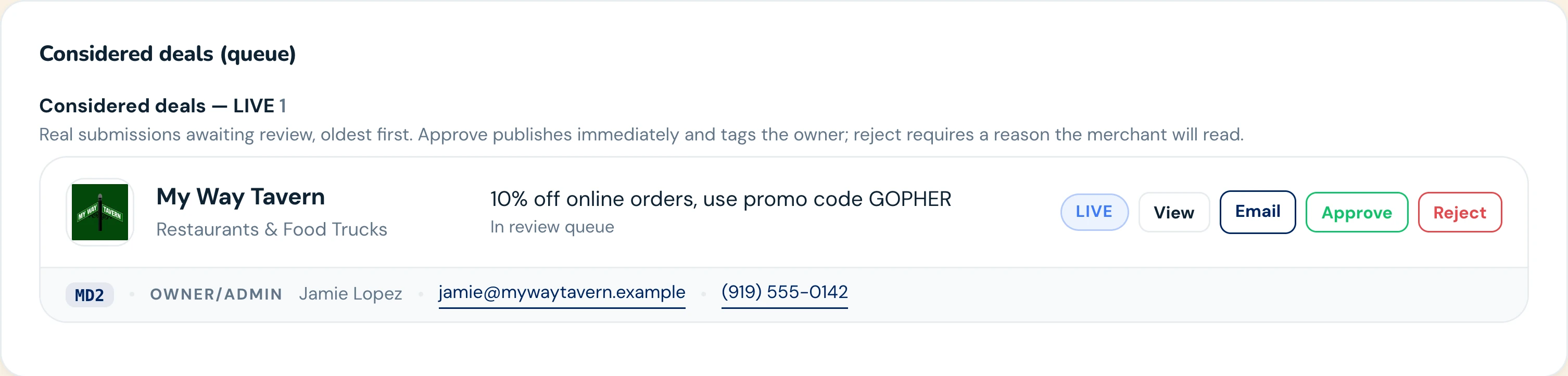 Gopher HQ review queue: My Way Tavern's deal waiting, with Approve and Reject