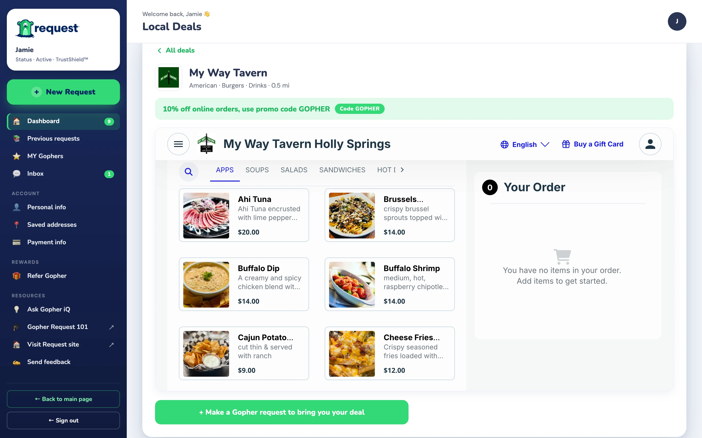 Gopher Request on the web: My Way Tavern's own ordering site, the promo code, and Make a Gopher request to bring you your deal