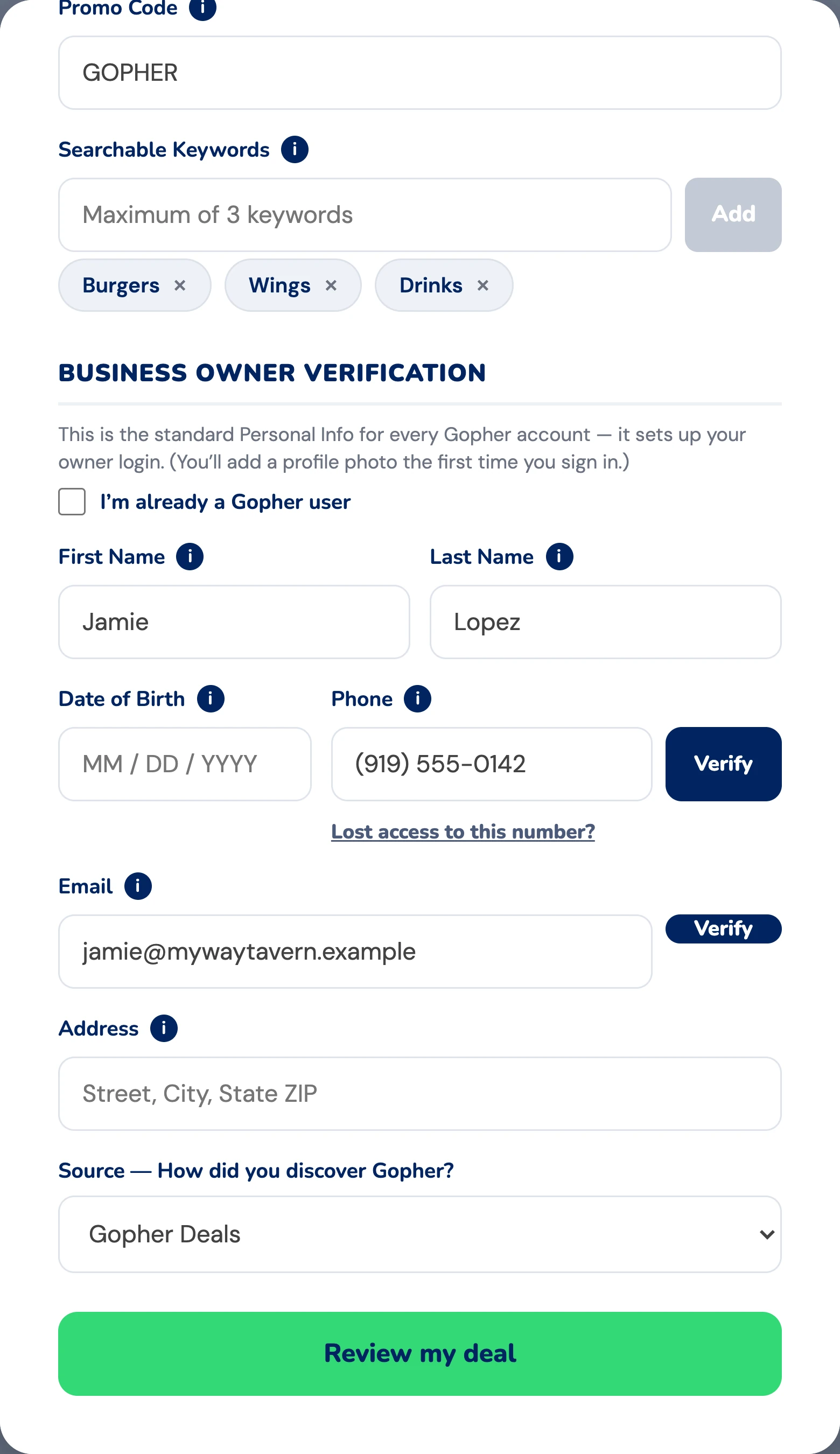 The rest of the form: promo code GOPHER, keywords, owner verification and Review my deal