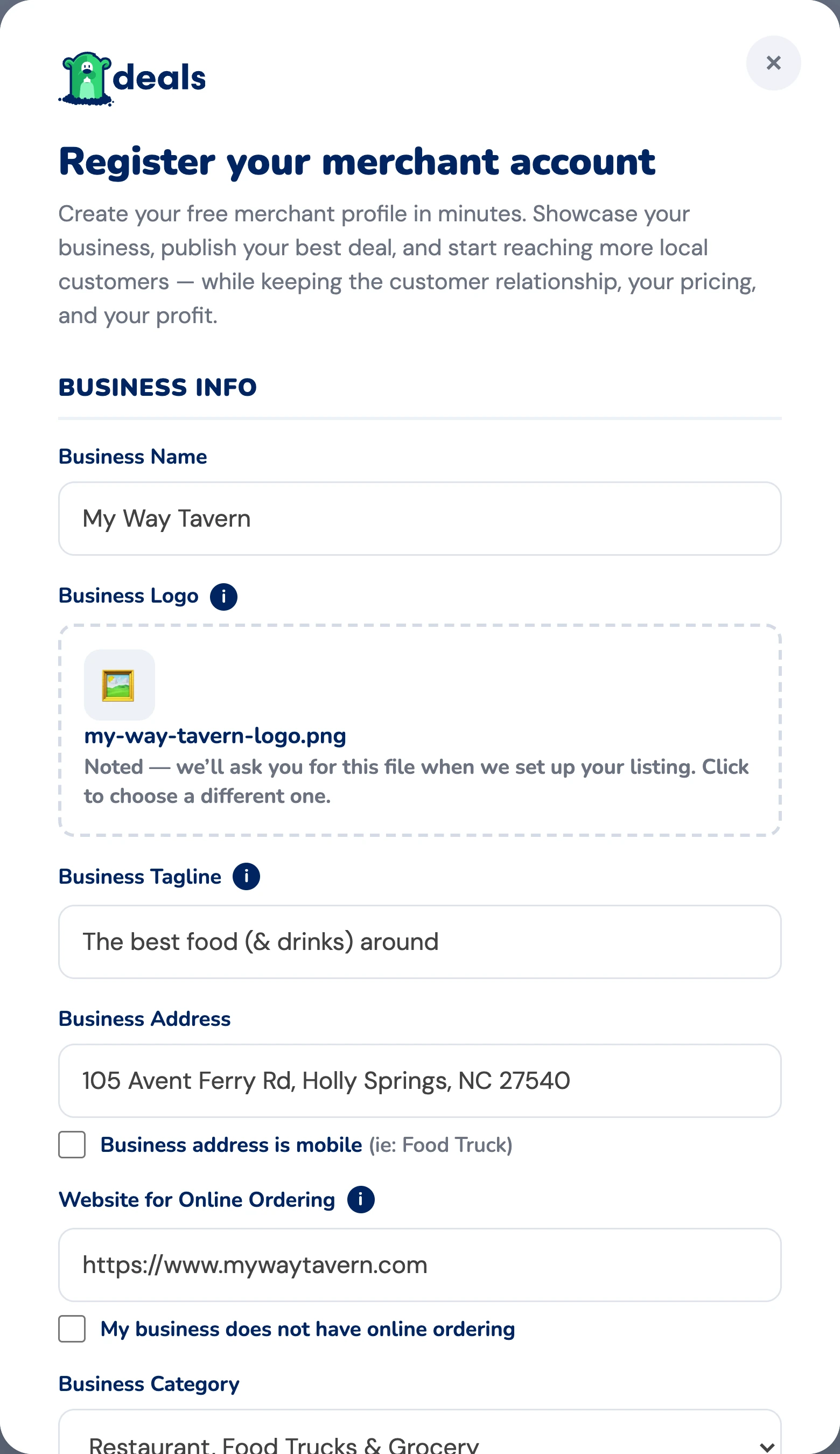 The real merchant registration form, filled in for My Way Tavern: business name, logo, tagline, address and ordering website