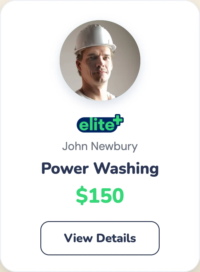 The provider card: Elite+, John Newbury, Power Washing, $150, View Details