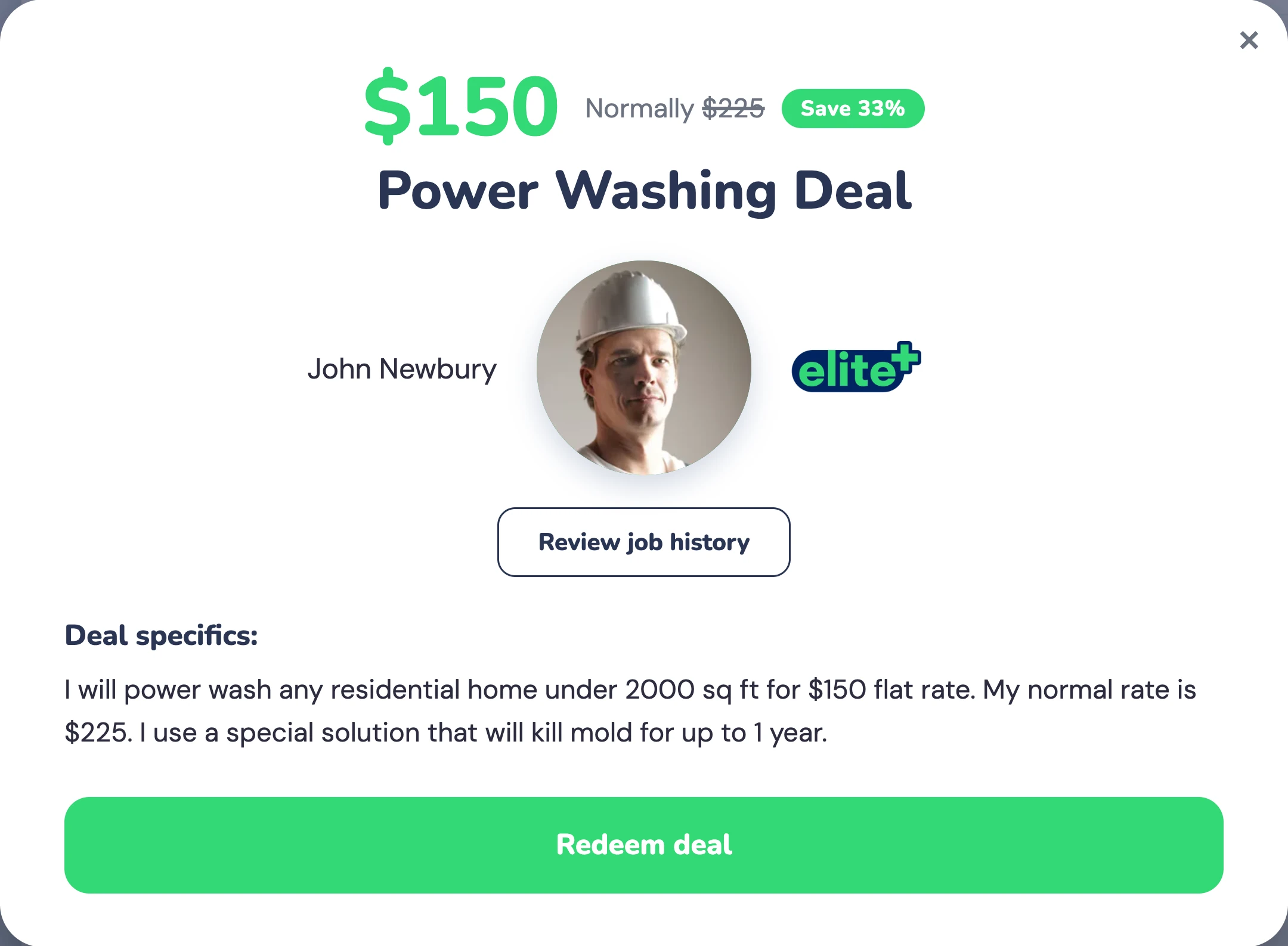 The deal detail: $150, normally $225, save 33%, Review job history, deal specifics, Redeem deal