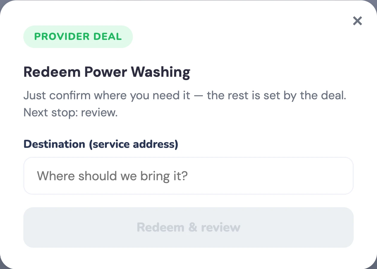 Redeem Power Washing: confirm the service address, then Redeem and review
