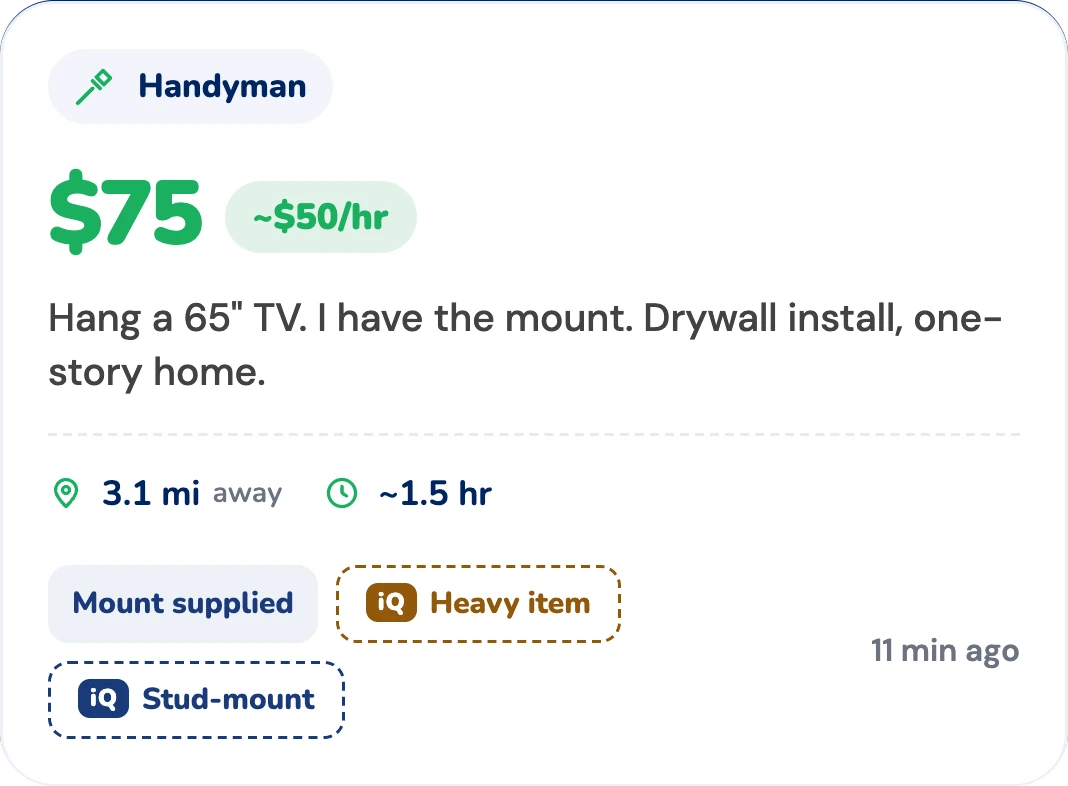 Handyman, $75: hang a 65-inch TV on drywall