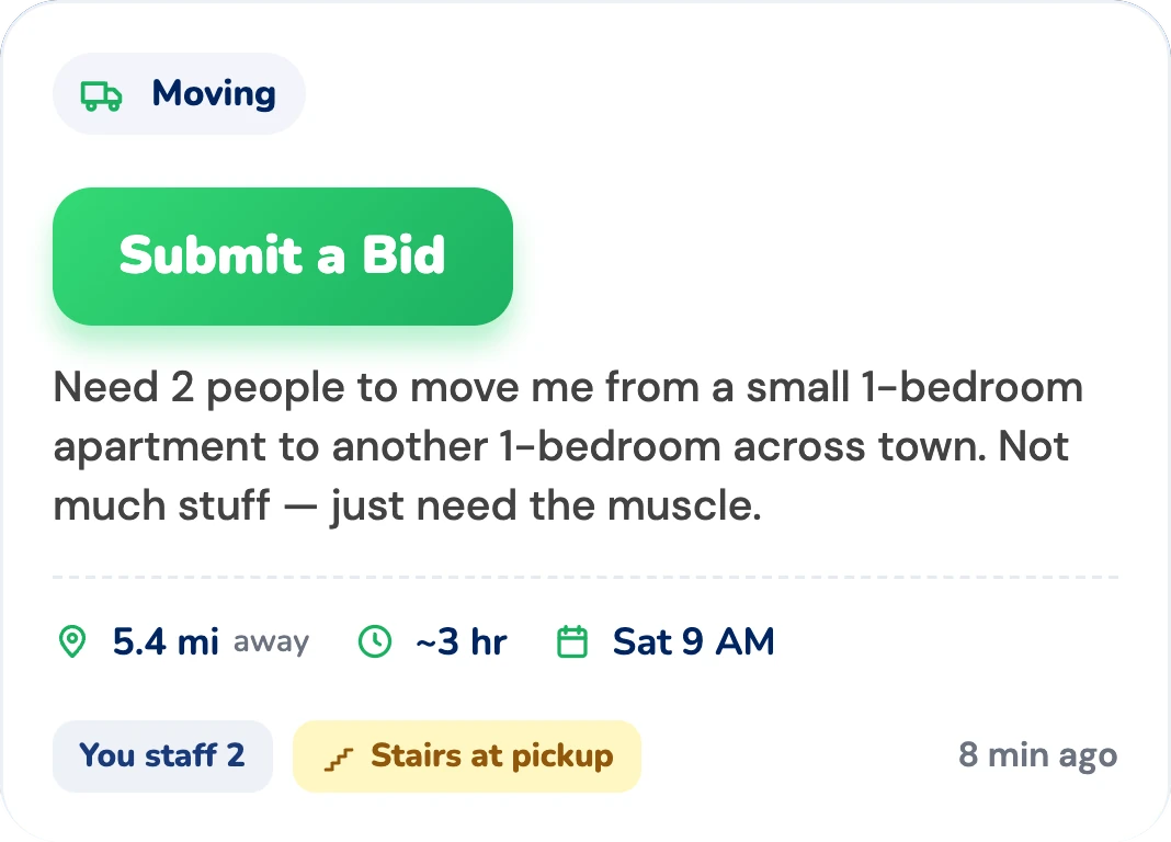 Moving, submit a bid: two people to move a 1-bedroom apartment